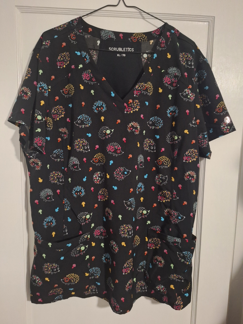 Scrubletics Black V-Neck Scrub Top with Colorful Hedgehog Print